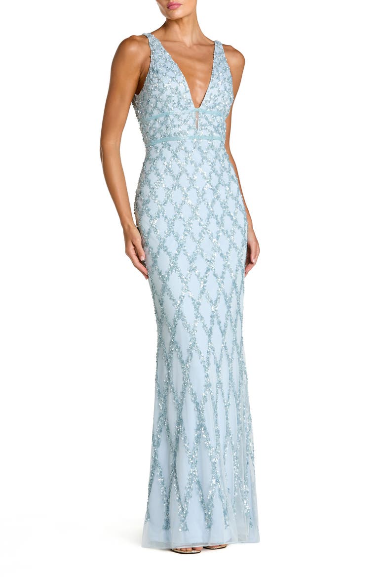 Sequined Plunge Neck Sleeveless Column Gown, Main, color, Ice Blue