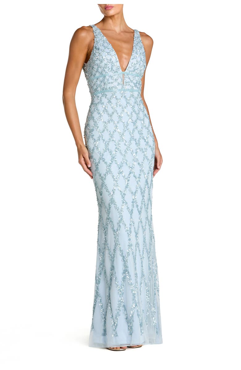 Mac Duggal Sequined Plunge Neck Sleeveless Column Gown, Main, color, Ice Blue