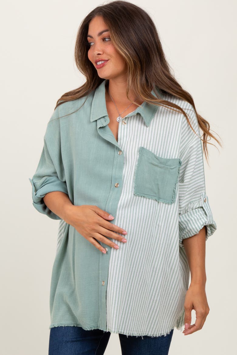 Colorblock Stripe Oversized Button Down, Main, color, Light Olive