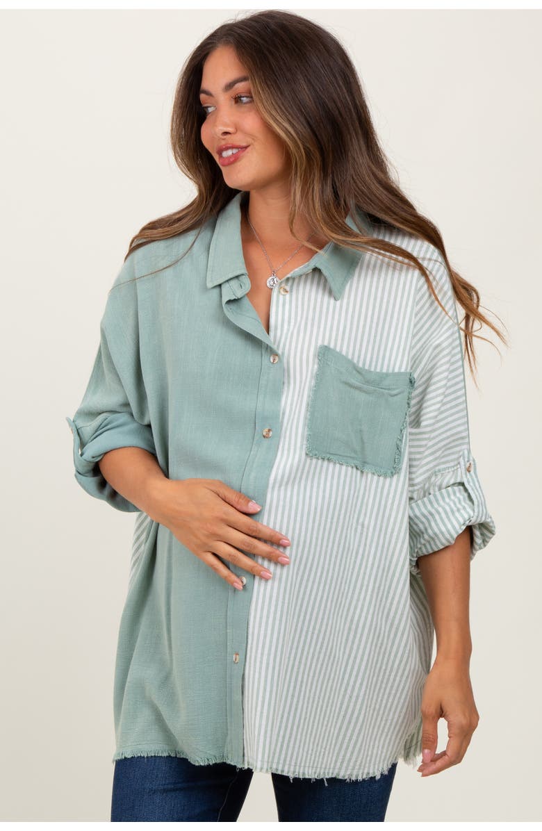 PinkBlush Colorblock Stripe Oversized Button Down, Main, color, Light Olive