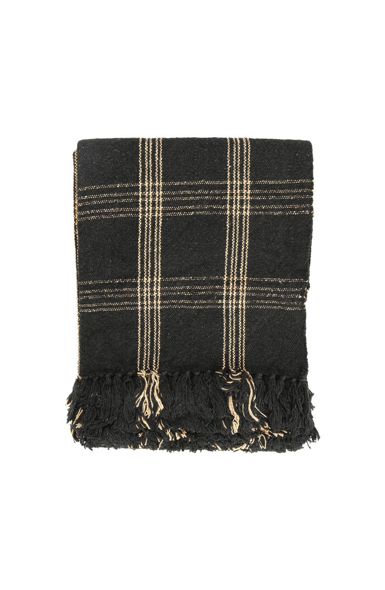 Storied Home Soft Woven Reclaimed Cotton Blend Throw with Fringe, Black and Tan Plaid, Main, color, Black