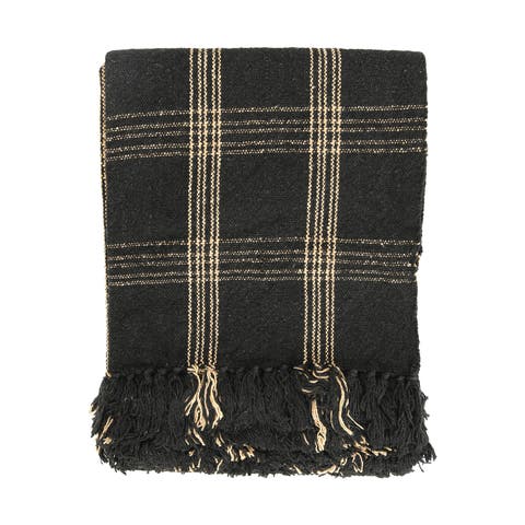 Soft Woven Reclaimed Cotton Blend Throw with Fringe, Black and Tan Plaid