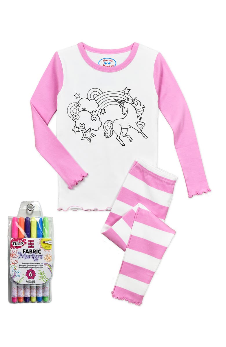 Sara’s Prints Color Me PJ Fitted Pajamas with Fabric Marker Set Cotton Blend, Main, color, Unicorn
