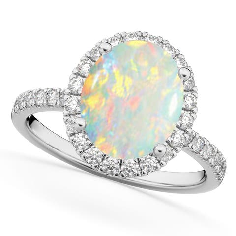 Oval Cut Halo Opal & Diamond Engagement Ring 14K