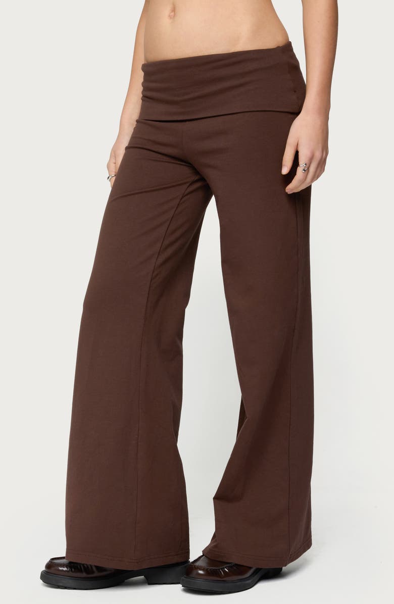 EDIKTED Wide Leg Foldover Cotton Pants, Alternate, color, Brown