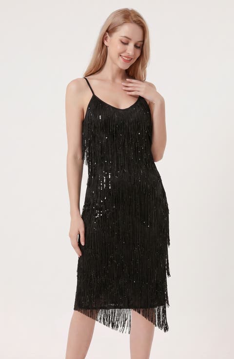 Sequin Fringe Midi Dress With Spaghetti Straps