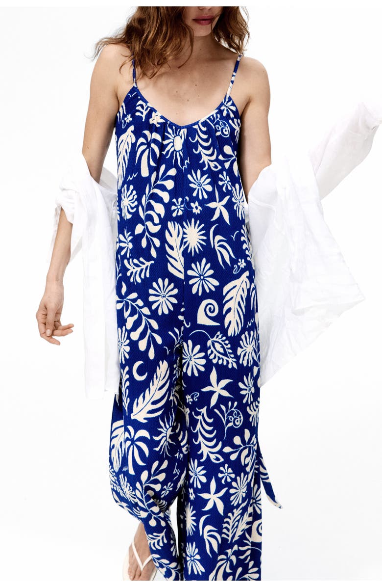 H&M Tie-belt Jumpsuit, Alternate, color, Bright Blue/White