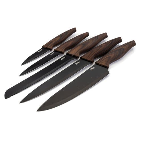 Oster Godfrey 5 Piece Stainless Steel Black Cutlery Set With Wood Print Handles In Brown