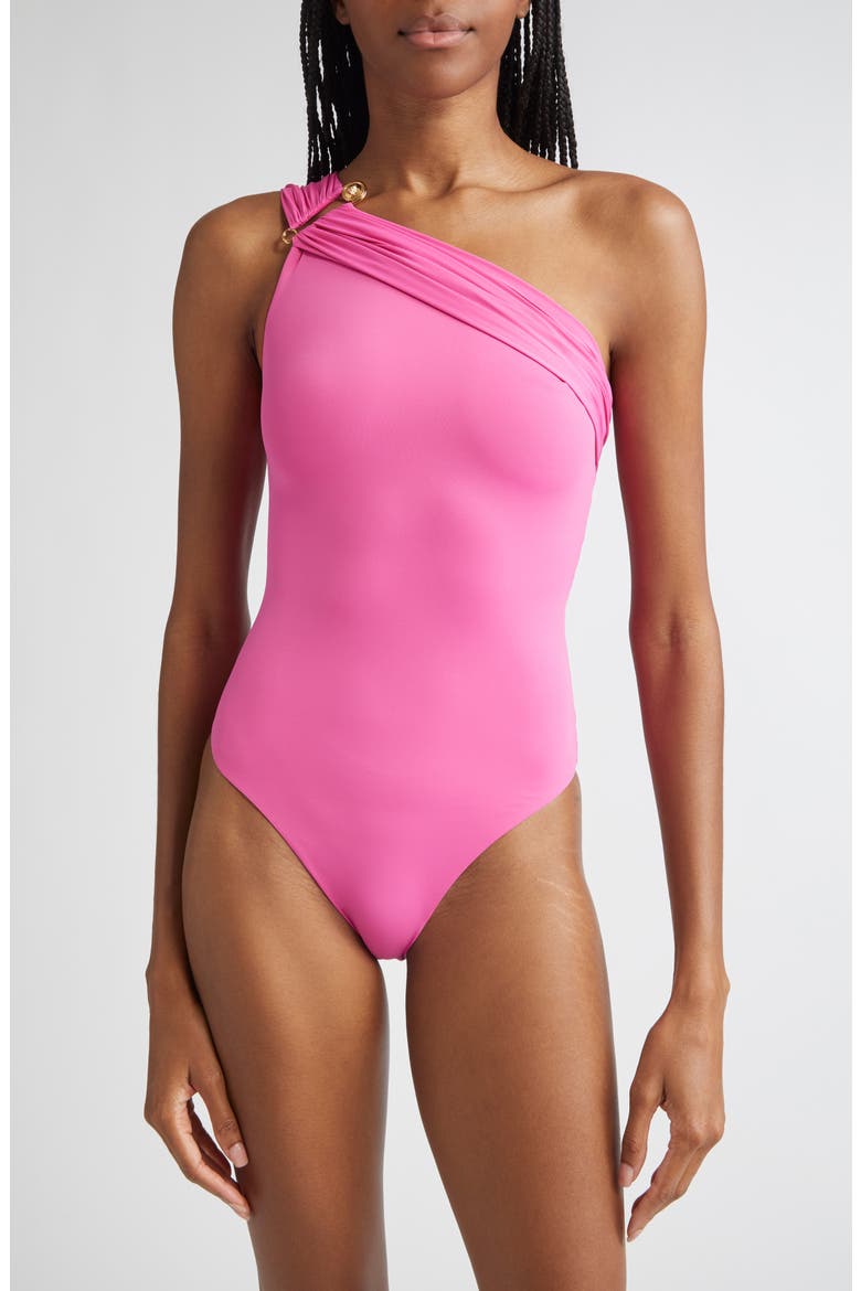 Safety Pin Gathered One-Piece Swimsuit, Main, color, DRAGON FRUIT