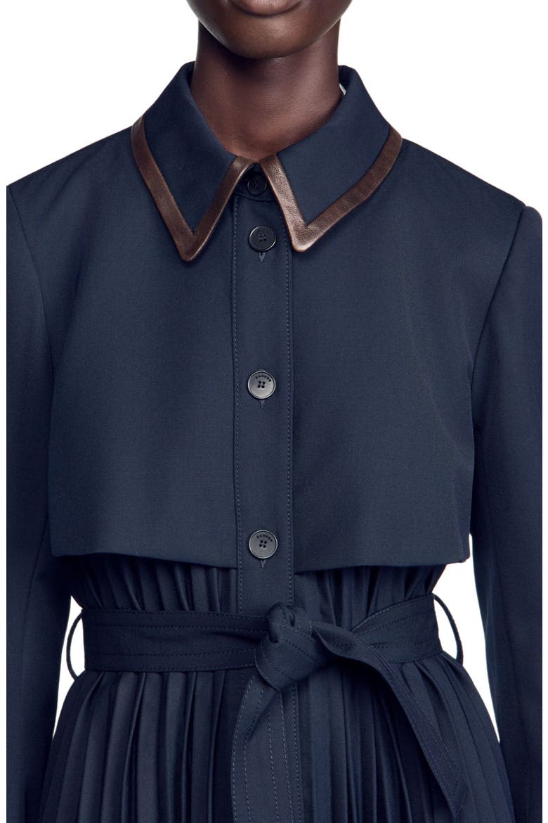 Trench with pleated leather collar, Alternate, color, Navy blue
