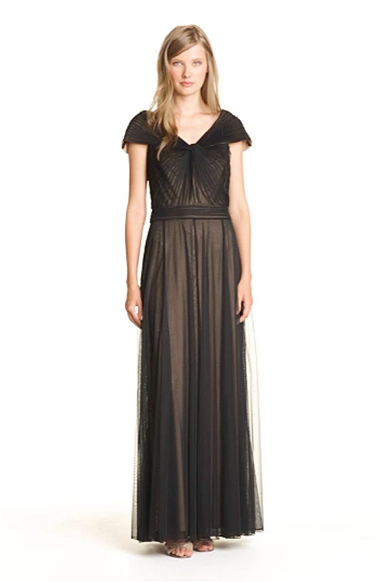 Tadashi Shoji Portrait Collar Pleated Mesh Gown, Alternate, color,