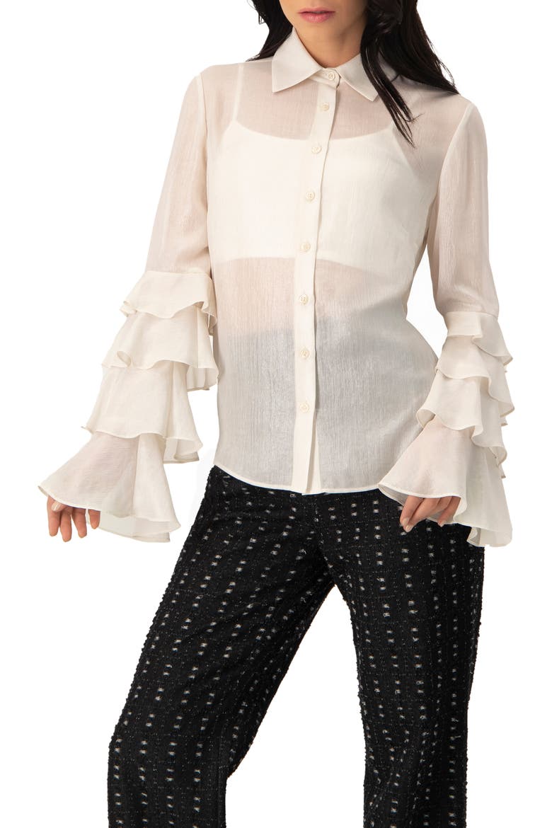 Sheer Shirt with Tiered Ruffle Sleeves, Main, color, Natural