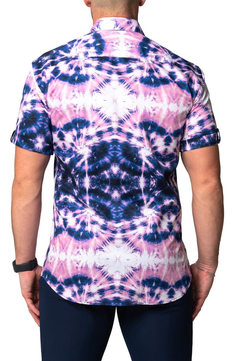 Maceoo Galileo Tie Dye Stars Short Sleeve Cotton Button-Up Shirt, Alternate, color, Blue