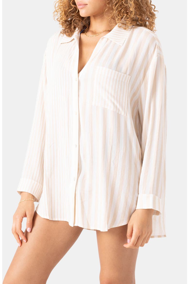 Stripe Out Oversize Cover-Up Button-Up Shirt, Alternate, color, EGRET