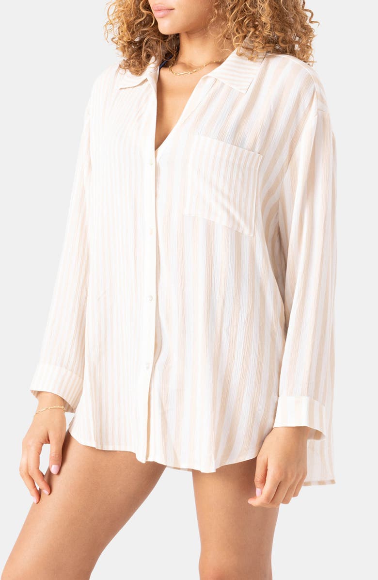 Roxy Stripe Out Oversize Cover-Up Button-Up Shirt, Alternate, color, Egret
