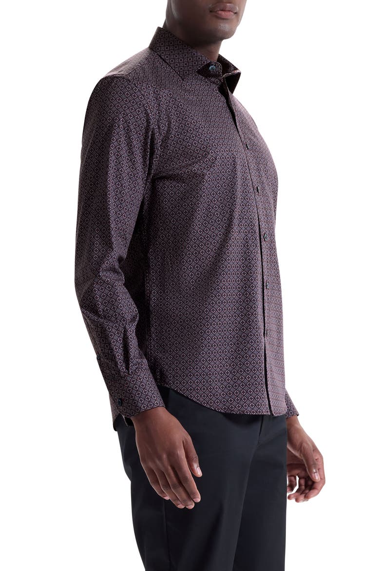 Axel Trim Fit Geo Print Stretch Cotton Button-Up Shirt, Alternate, color, BURGUNDY