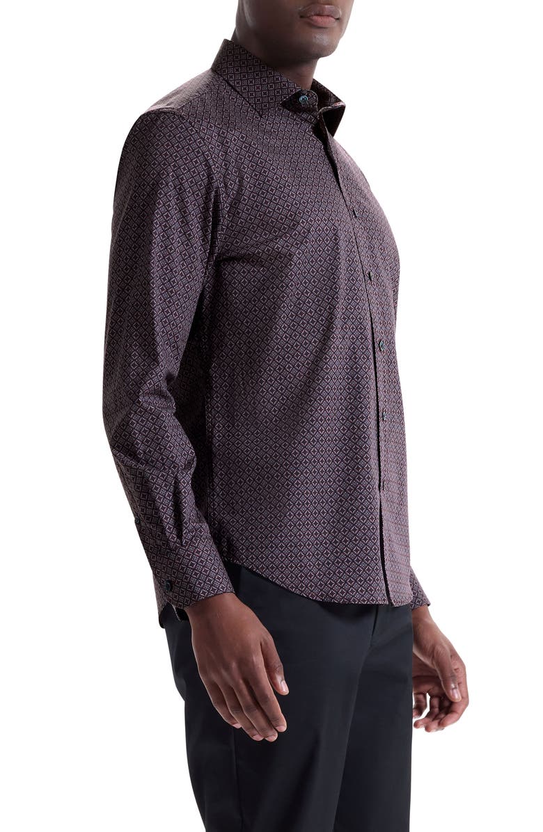 Bugatchi Axel Trim Fit Geo Print Stretch Cotton Button-Up Shirt, Alternate, color, Burgundy