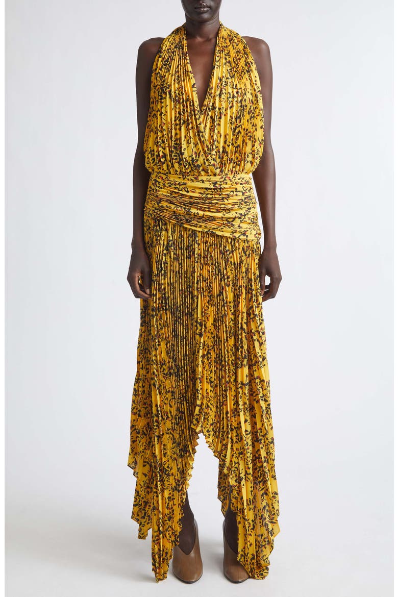 Paulina Pleated Georgette Halter Dress, Alternate, color, GOLD MULTI
