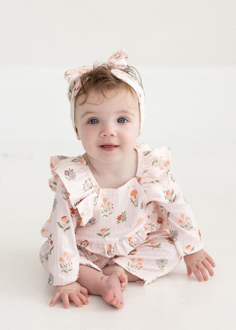 Amelia Rose Long Sleeve Floral Ruffle Shoulder Bubble Romper
