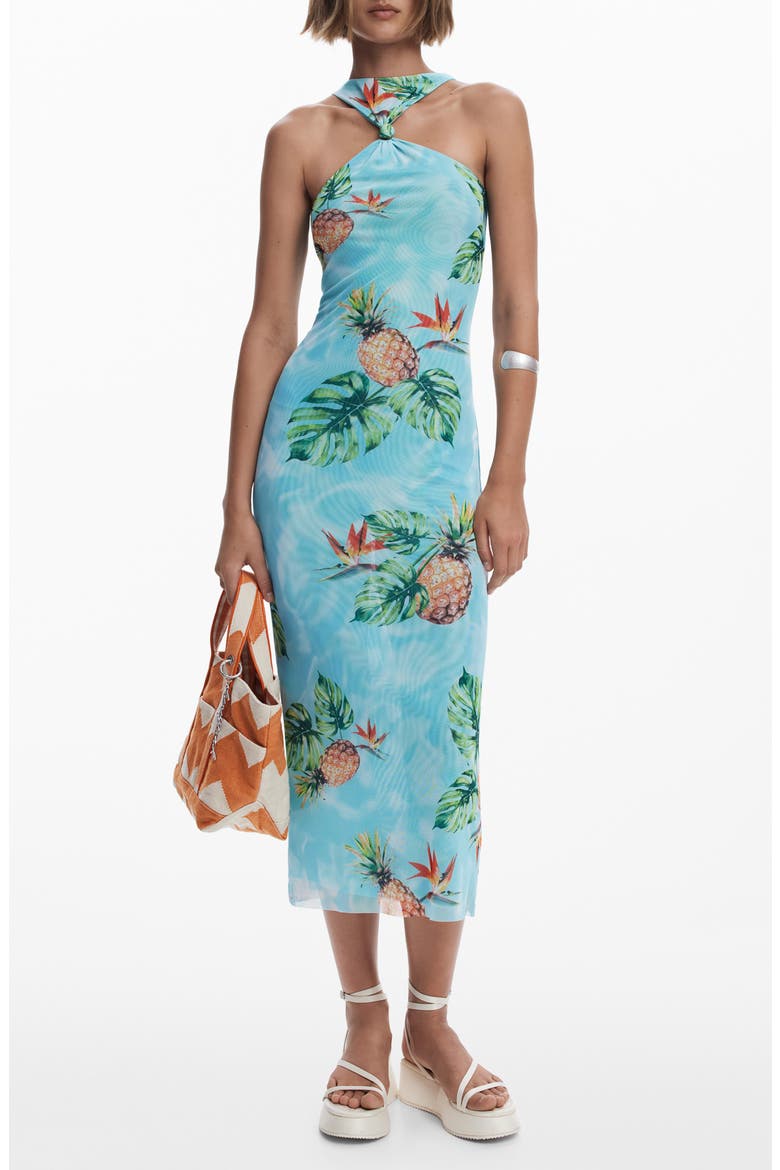 Tropical Print Knot Detail Midi Cover-Up Dress, Main, color, LIGHT TURQUOISE