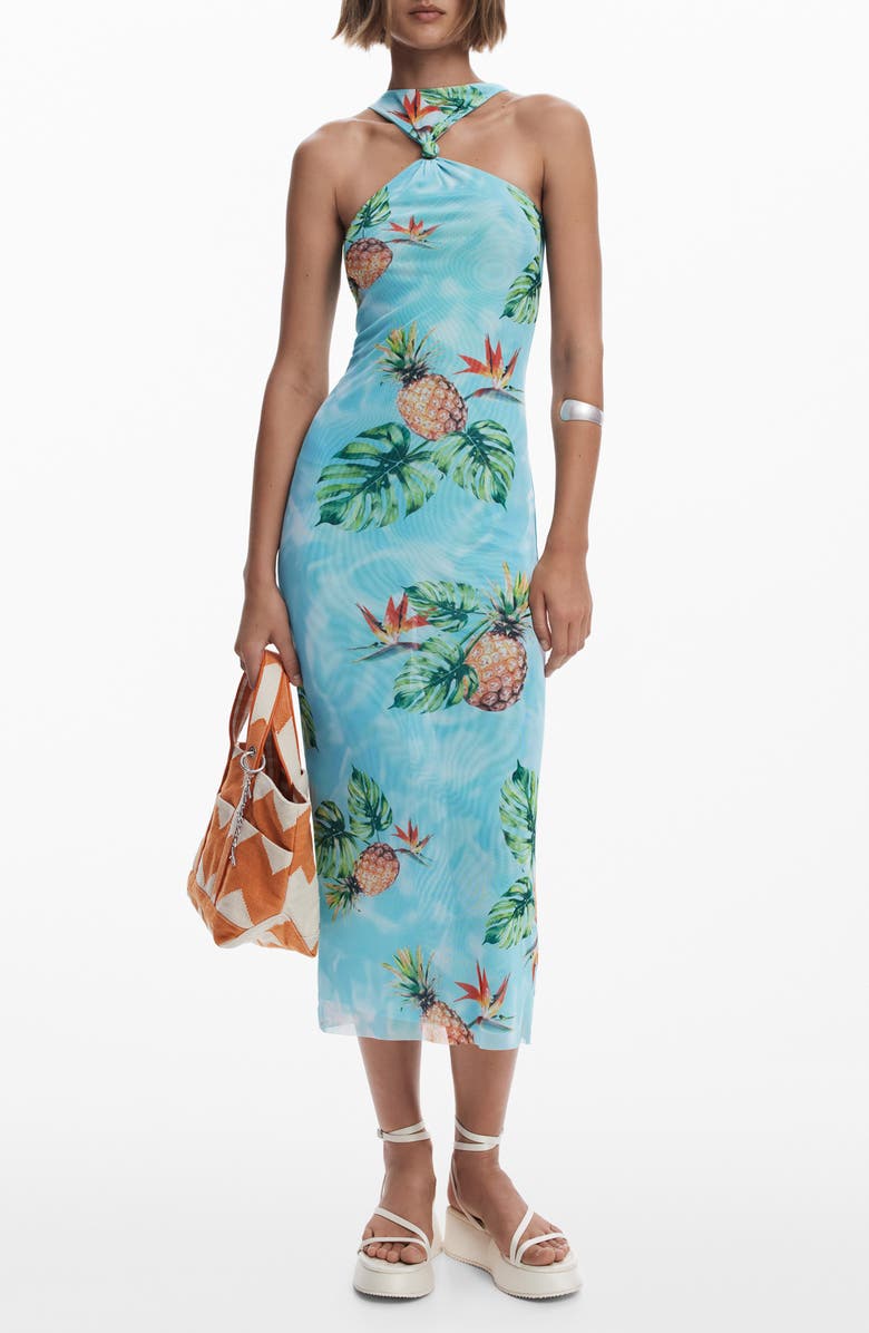 Desigual Tropical Print Knot Detail Midi Cover-Up Dress, Main, color, Light Turquoise