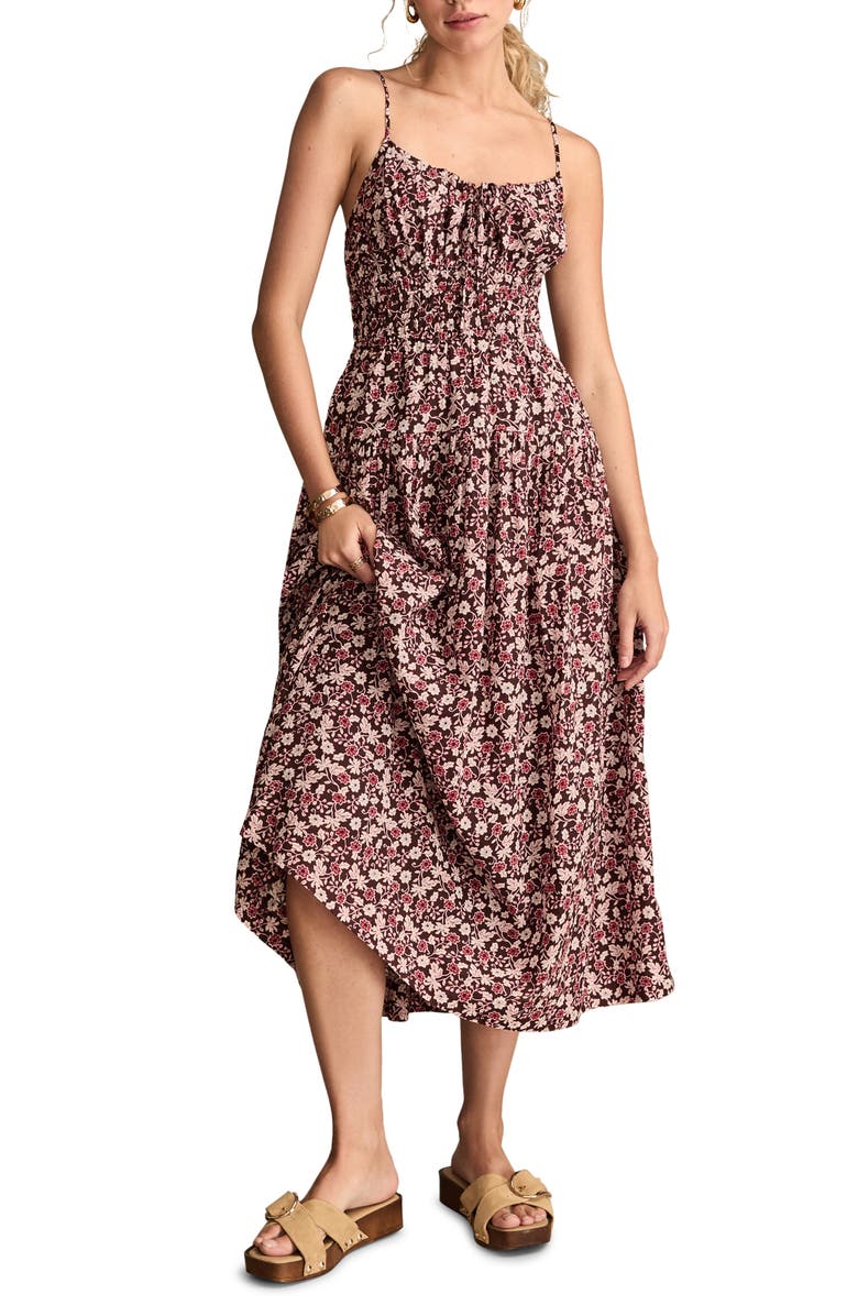 Lucky Brand Floral Shirred Bodice Midi Sundress, Main, color, Chocolate Floral