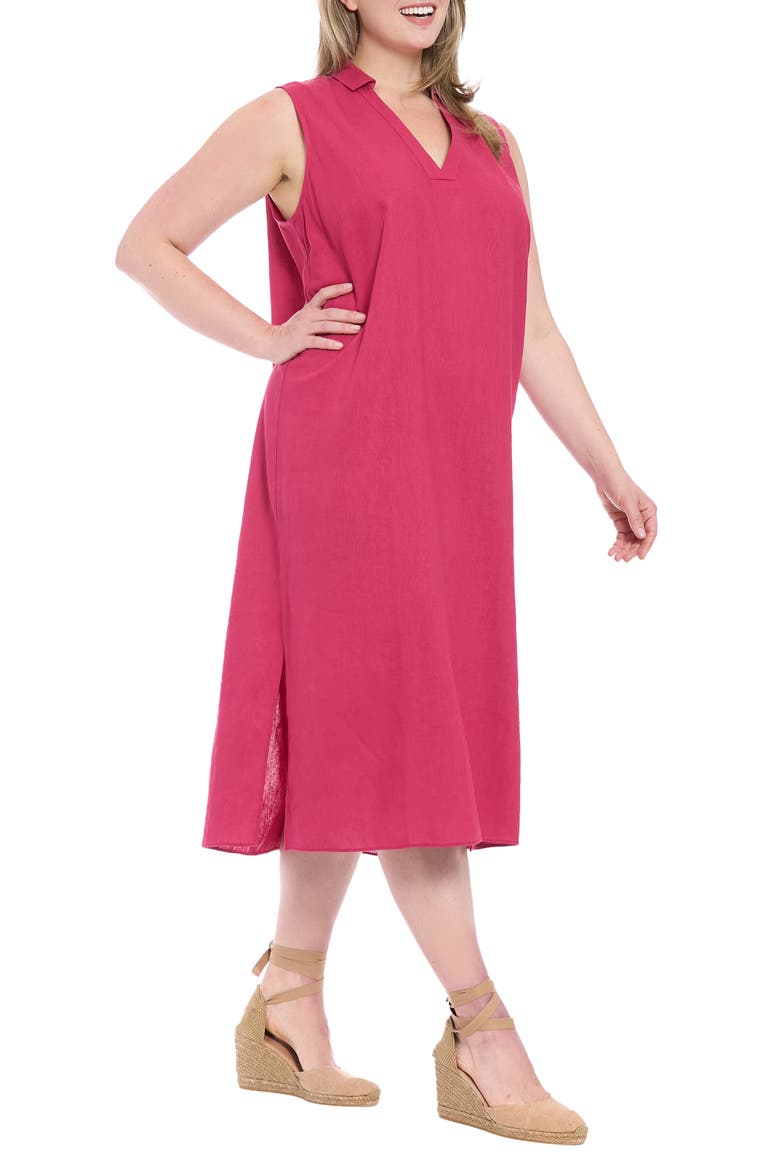 Collared Popover Linen Blend Midi Dress, Alternate, color, SANGRIA