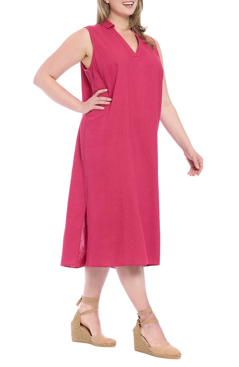London Times Collared Popover Linen Blend Midi Dress, Alternate, color, Sangria