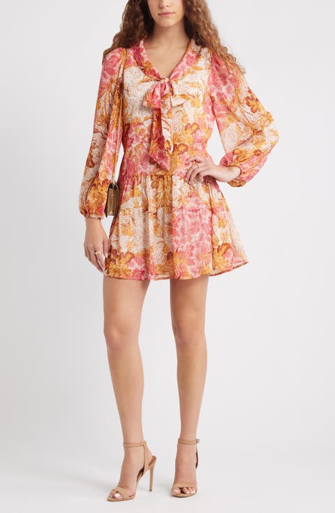 Metallic Tie Neck Long Sleeve Tiered Dress