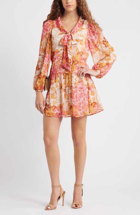 Chelsea28 Metallic Tie Neck Long Sleeve Tiered Dress