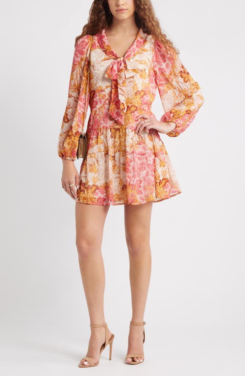 Chelsea28 Metallic Tie Neck Long Sleeve Tiered Dress In Pink