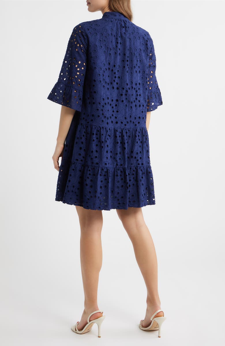 Anne Klein Eyelet Embroidered Tiered Cotton Dress, Alternate, color, Distant Mountain
