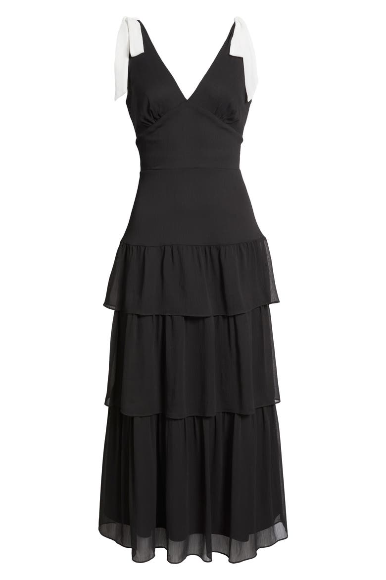 Contrast Bow Detail Tiered Dress, Alternate, color, BLACK WHITE