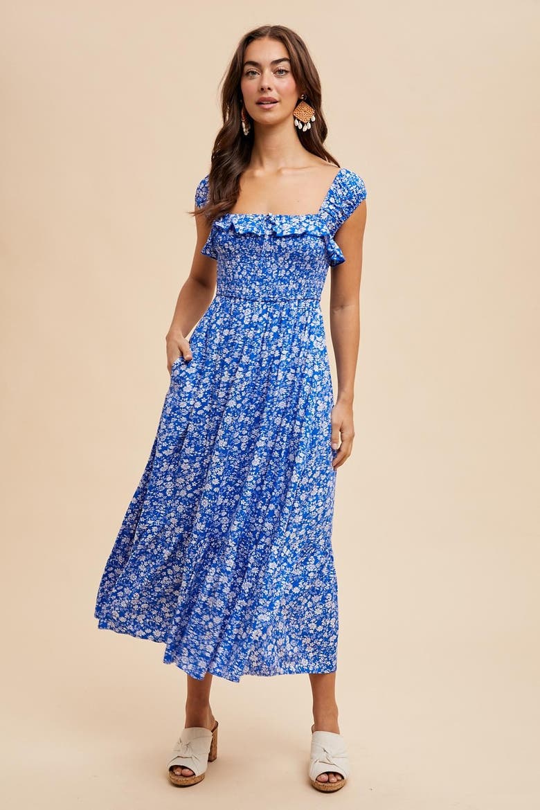 Floral Smocked Ruffle Detail Midi Dress, Alternate, color, Royal Blue