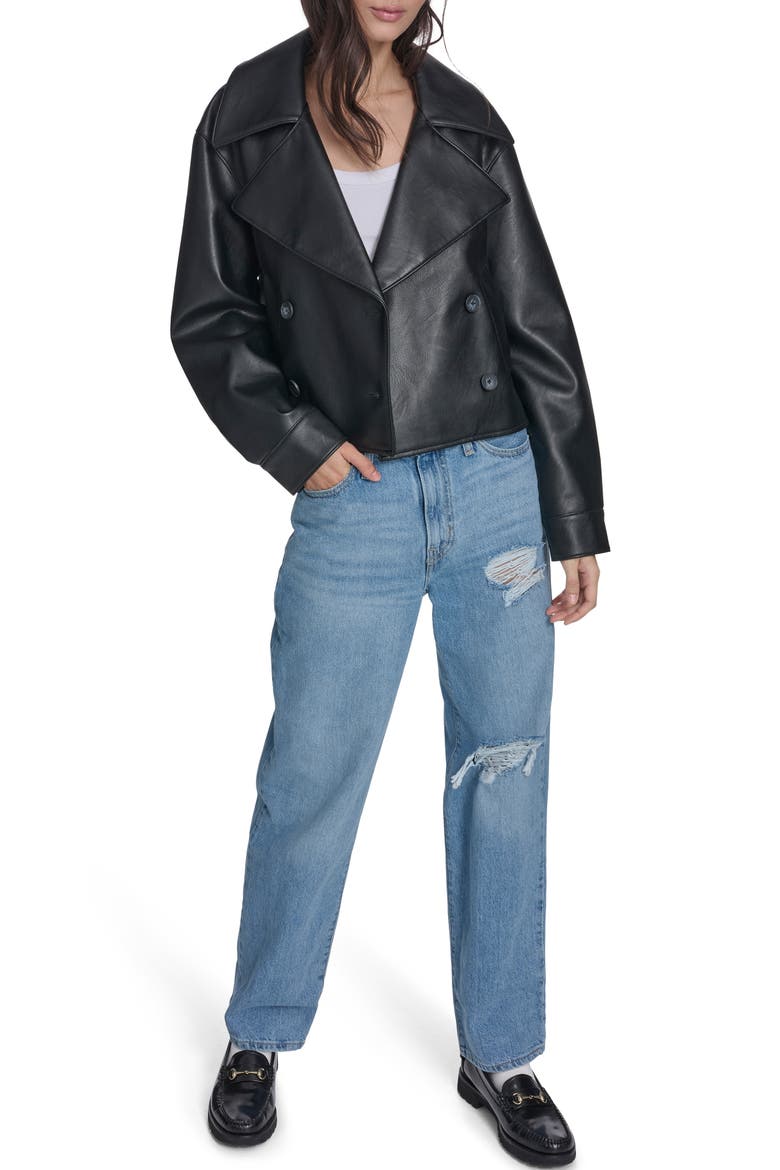 Double Breasted Faux Leather Crop Trench Coat, Alternate, color, BLACK