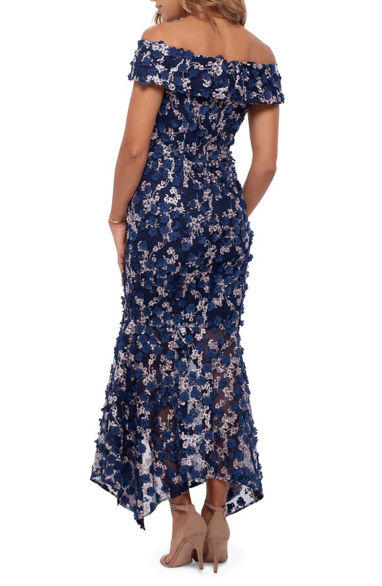 Xscape Evenings Xscape Raised Flower Off the Shoulder Flounce Midi Gown, Alternate, color,