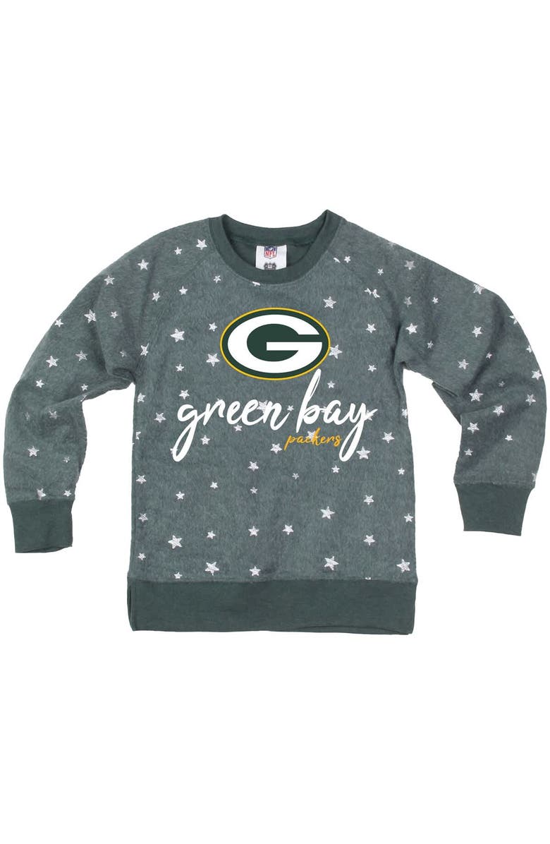 Wes & Willy Girls Youth Wes & Willy  Green Green Bay Packers Shimmer Star Reverse Fleece Pullover Sweatshirt, Alternate, color, 
