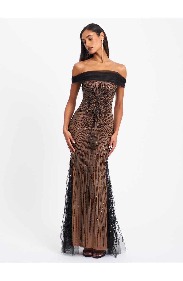 Miss Circle Qeturah Embroidered Sequin Off Shoulder Mesh Gown, Alternate, color, Black