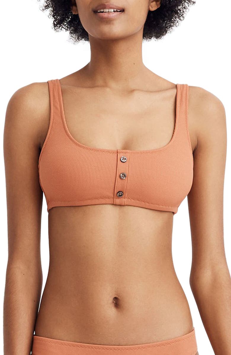 Madewell Second Wave Ribbed Henley Bikini Top, Main, color, 