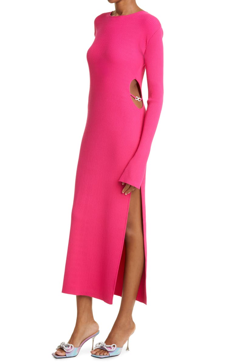 Mach & Mach Crystal Bow Ribbed Cutout Long Sleeve Sweater Dress, Alternate, color, 