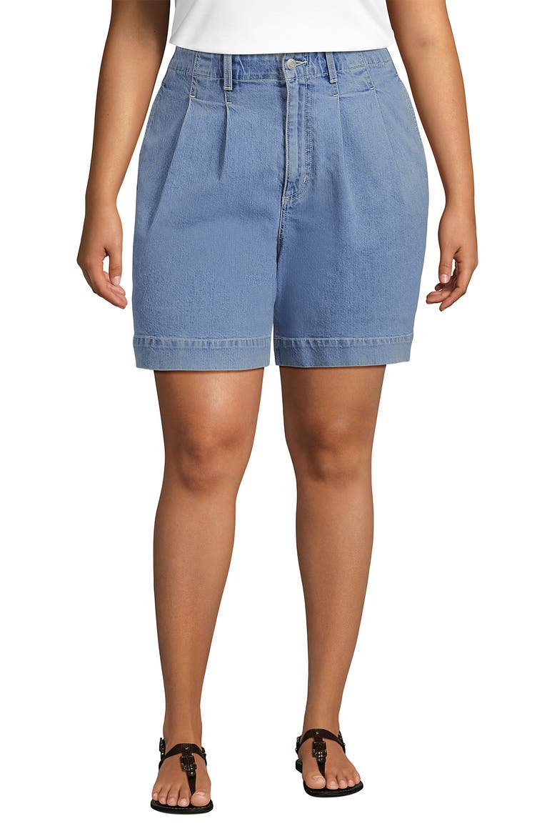 Plus Size Soft Denim High Rise 7" Pleated Trouser Shorts, Main, color, Hutton Blue Wash