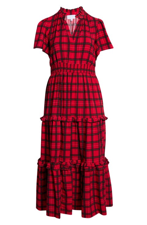 Palmer Plaid Smocked Waist Tiered Maxi Dress