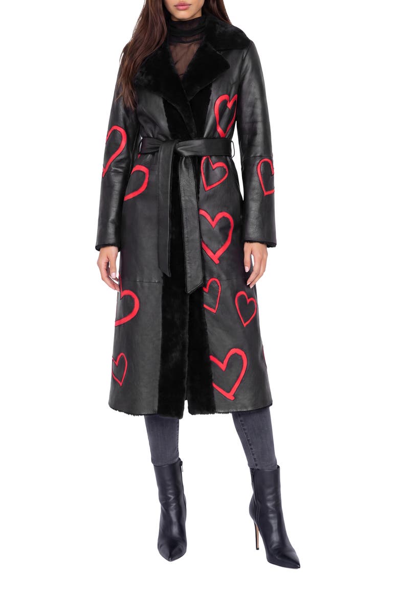 Reversible Genuine Shearling Coat with Heart Intarsia, Belt, Alternate, color, Black/Red