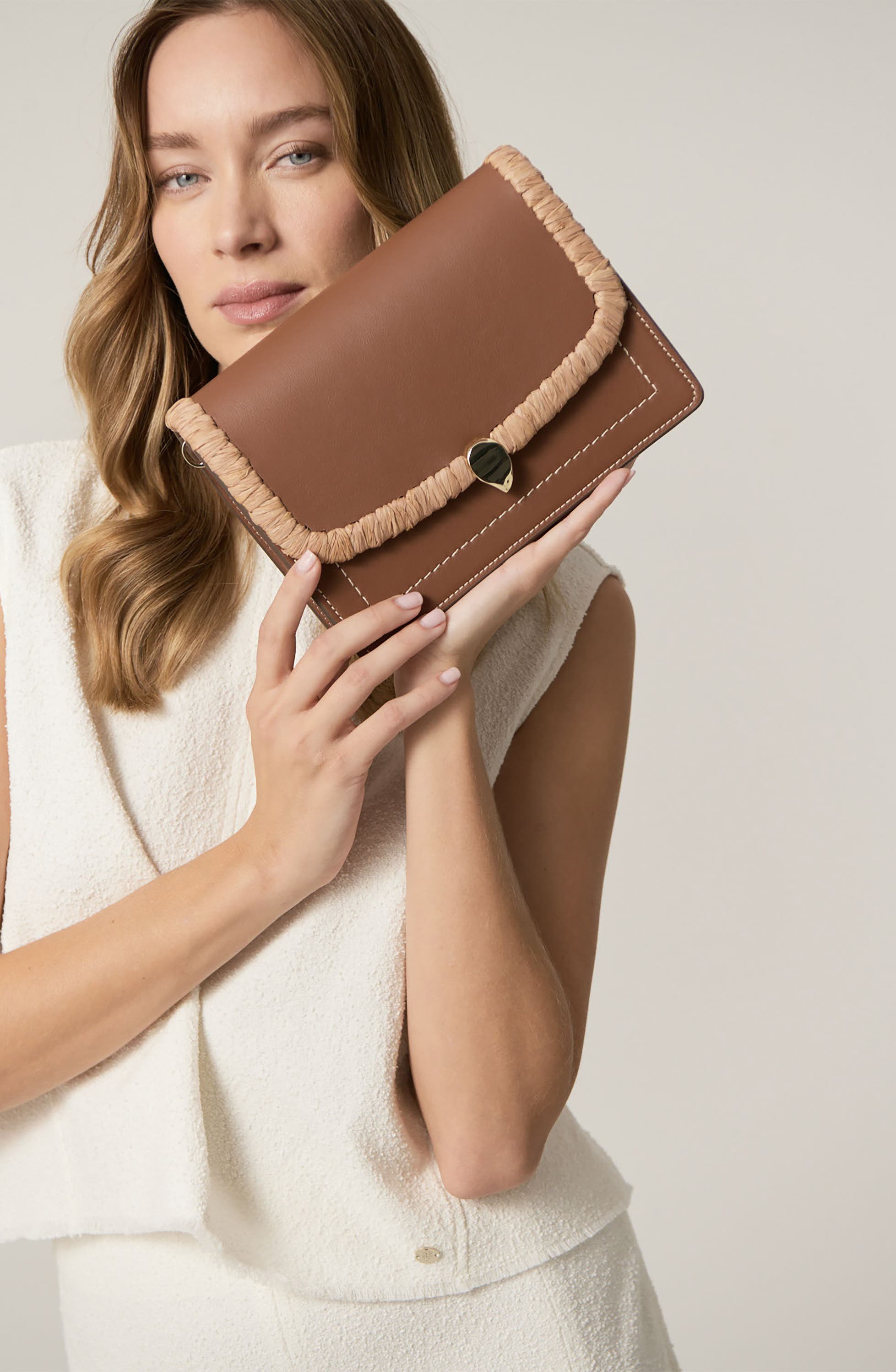 Dauphine Raffia Trim Leather Crossbody Bag, Alternate, color, CUOIO/ NOUGAT