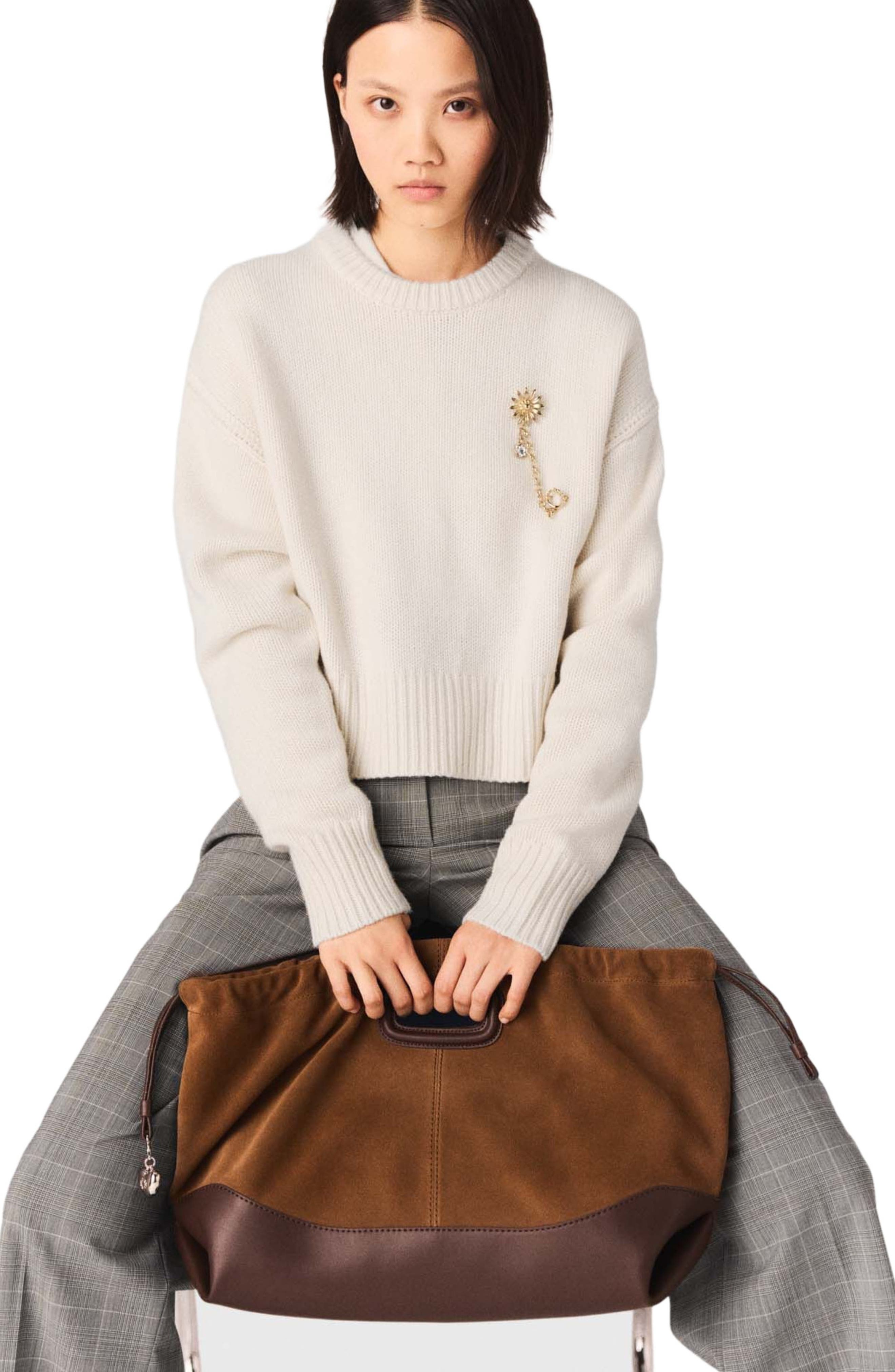 maje Leather and suede M Tote bag, Alternate, color, Camel/Brown