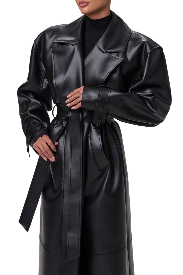Faux Leather Trench Coat, Alternate, color, BLACK