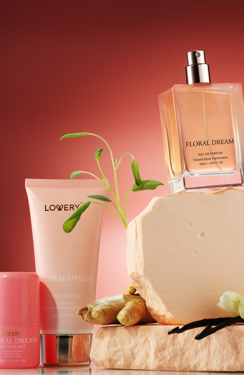 Lovery Floral Dream 5-Piece Gift Set with Eau de Parfum, Deodorant, Lotion & Cologne, Alternate, color, Light Pink / Gold
