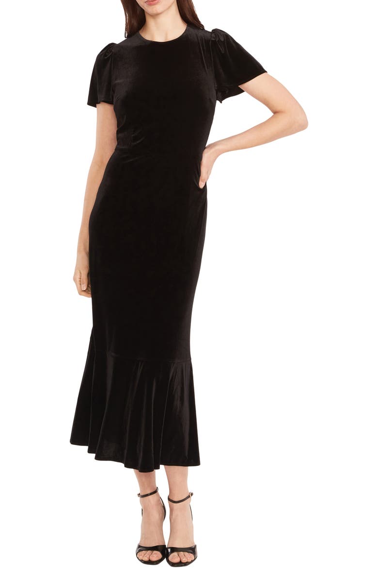 Maggy London Short Sleeve Velvet Midi Dress, Main, color, Black