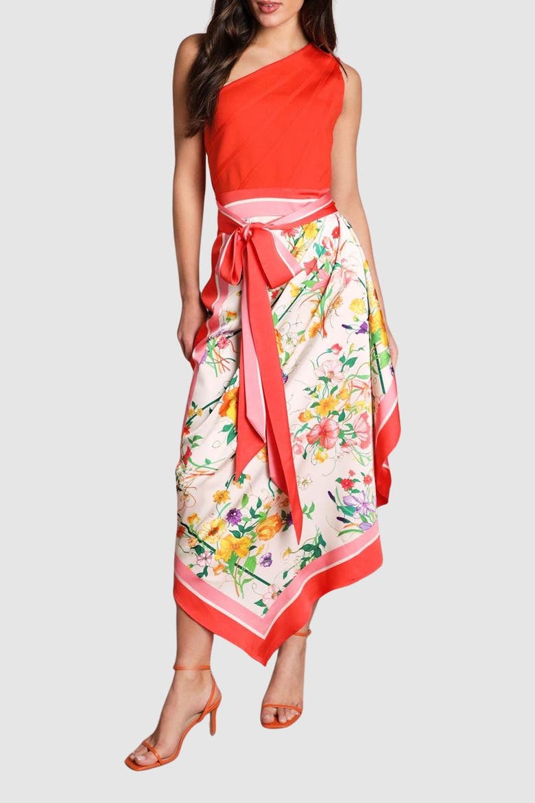 Bandage One Shoulder Printed Midi Dress, Alternate, color, Ivory