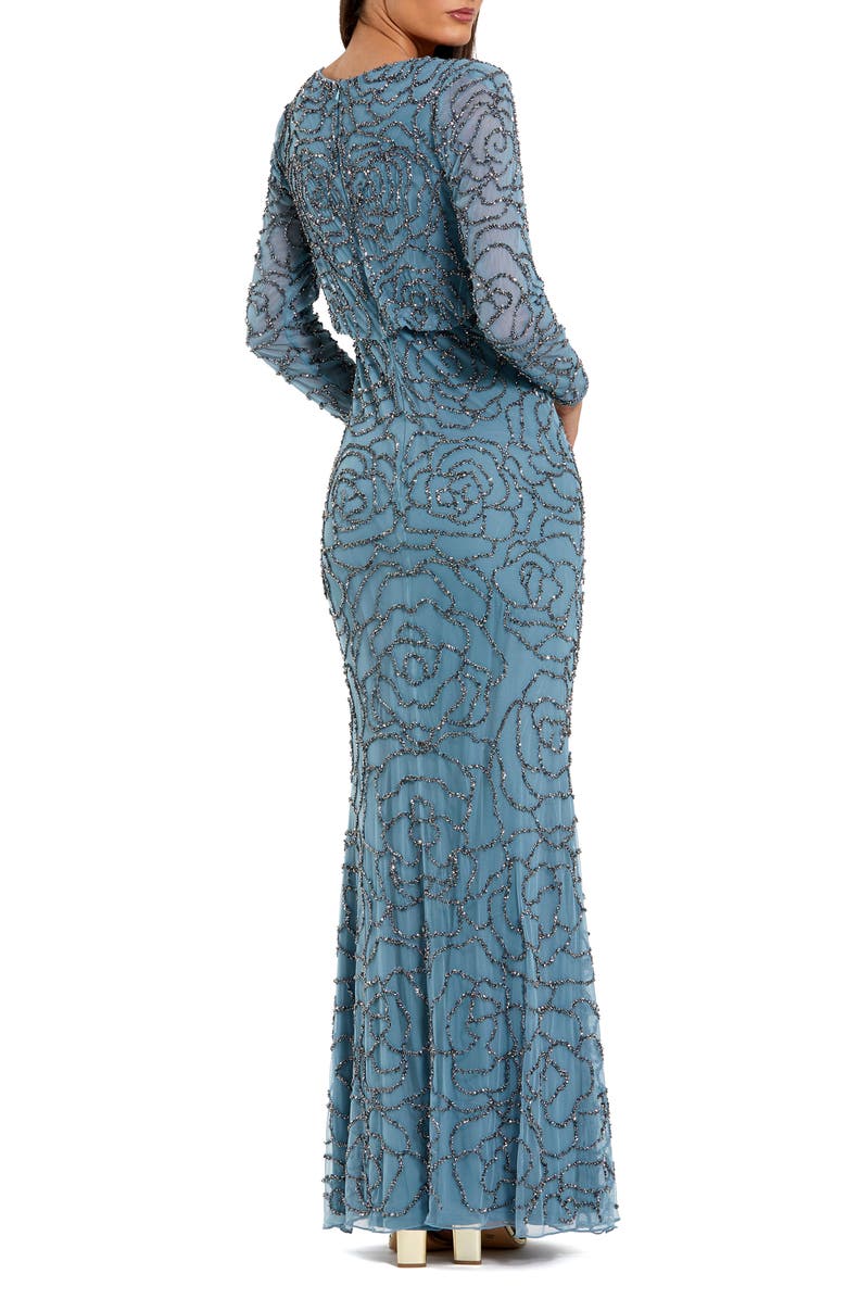 Mac Duggal Beaded Mesh Long Sleeve Blouson Top Gown, Alternate, color, Smoky Blue